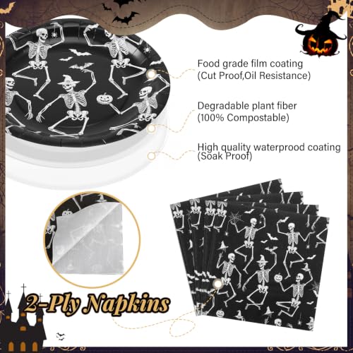 Halloween Paper Plates and Napkins Set - Dancing Skeleton Theme, 100 Pcs