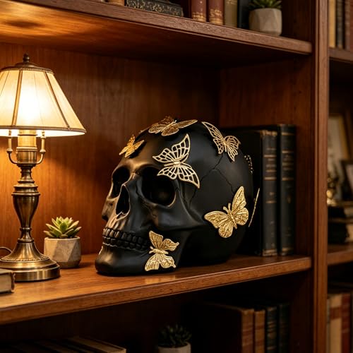 Black Skull Statue Gothic Figurine for Home Decor - Large Halloween Ornament with Butterflies