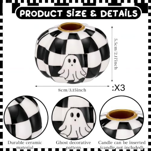 Halloween Black and White Checkerboard Candle Holder Set - Ghost Pumpkin Decor