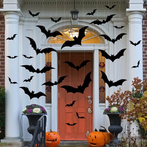 Halloween Bat Decorations Set - 24 Hanging & Wall Bats for Indoor Outdoor Spooky Decor
