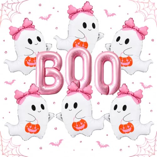 Pink Boo Balloons Halloween Decorations Foil Ghost Balloons - Pink Bow