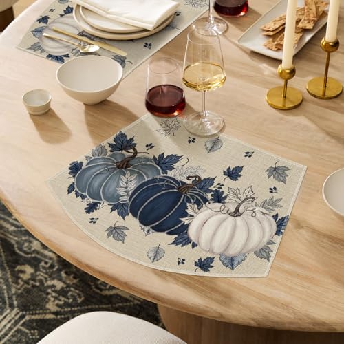 Navy Blue Pumpkin Fall Wedge Placemats Set of 4 - 12 x 18 Inches