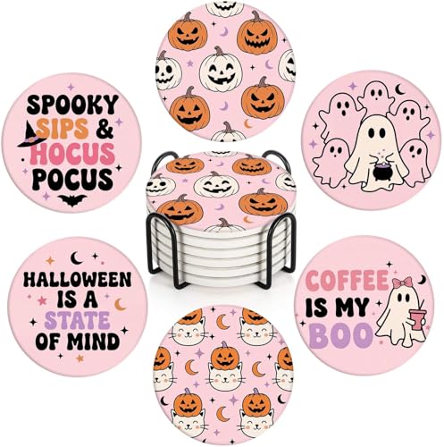 Halloween Coasters Set of 6 - Ceramic Pink Ghost Drink Protectors with Cork Bottom & Holder