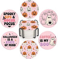 Halloween Coasters Set of 6 - Ceramic Pink Ghost Drink Protectors with Cork Bottom & Holder