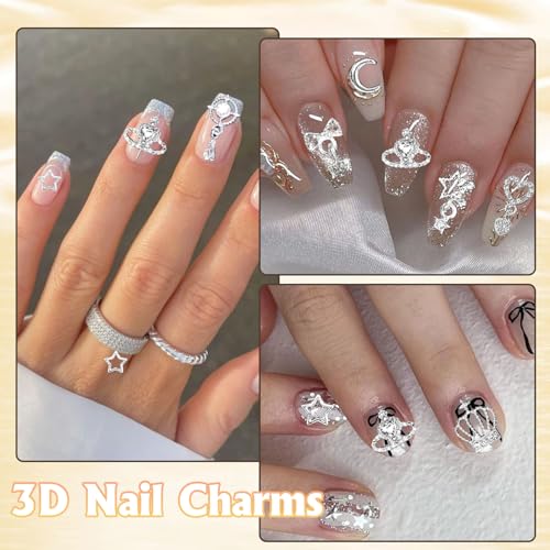 Silver-Set 1 100Pcs Nail Charms & Gems for Nails - Star, Heart, Bow, Crown
