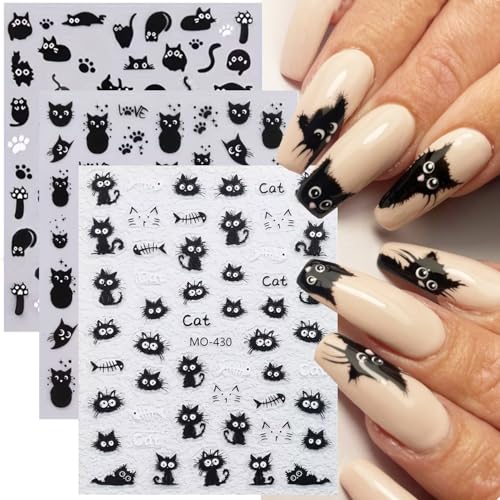 Black Cat Nail Stickers for Nail Art 5D Embossed Decals - Fish Skeleton Design, 3 Pieces