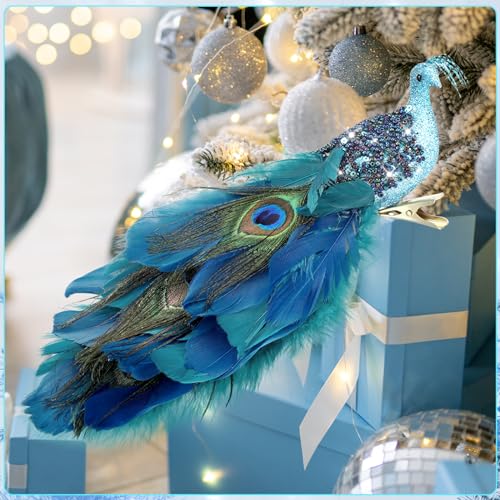 Set of 4 Peacock Christmas Tree Ornaments - Long Feather Bird Decorations for Holiday Decor
