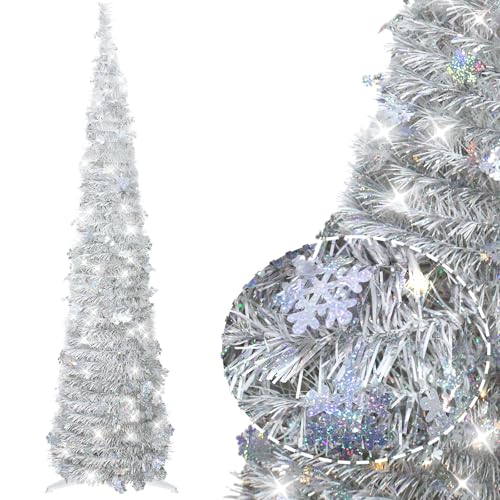 5FT Silver White Pop Up Christmas Tree with Snowflake & 60 Lights - Space Saving Holiday Decor