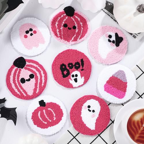 Halloween Tufted Coasters Set - Pink Ghost Pumpkin Drink Mats, 8 Pack