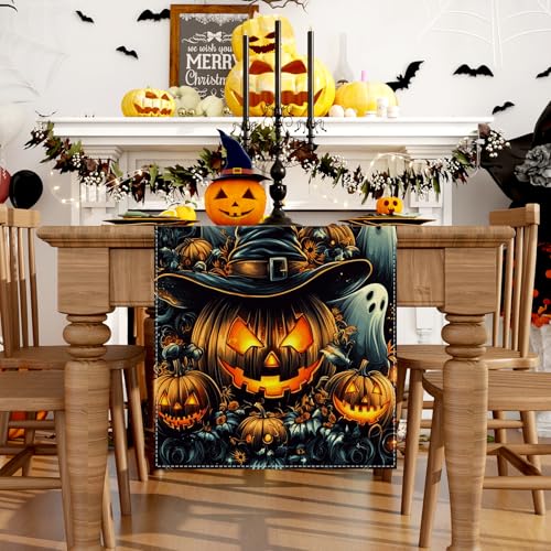 Ghost Pumpkin Halloween Table Runner 13x72 Inches for Autumn Decor - FARMNALL