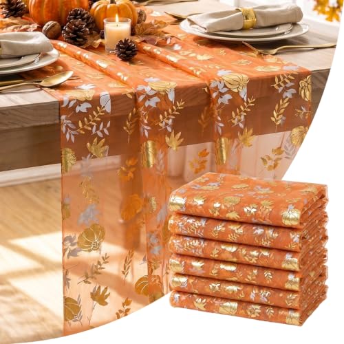 6-Pack Fall Gauze Table Runners 28x120 Inch with Metallic Foil Leaves - Orange Gold