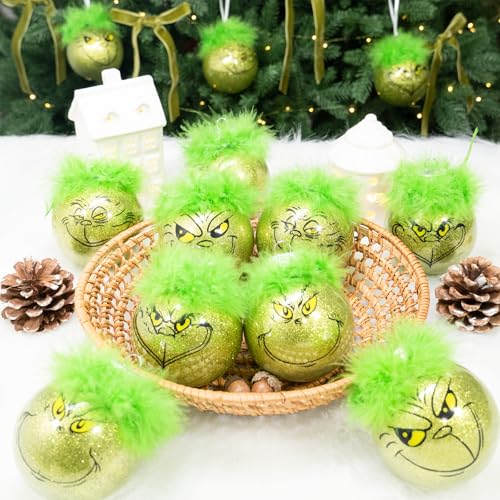 12Pcs Christmas Tree Ornaments Bulk - 3.15 Inch Lime Green Balls with Festive Designs