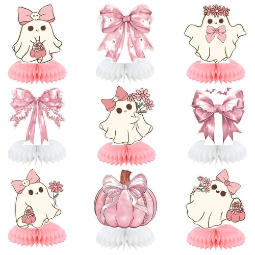 Halloween Pink Ghost Table Decorations - 9 Pcs Pastel Halloween Party Decor - Girl's Birthday Gift