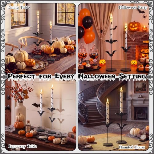 Halloween Bat Flameless Candles Set with Remote Timer - Gothic LED Tapers for Spooky Decor