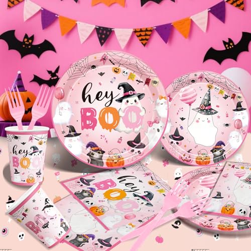Pink Halloween Ghost Plates and Party Supplies Set for Girls Night & Birthday