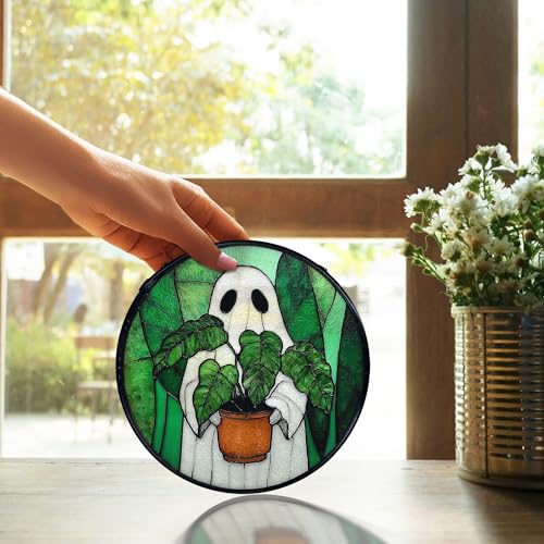 Halloween Ghost Stained Glass Sun Catcher - Indoor Window Wall Decor, 7.9 Inch