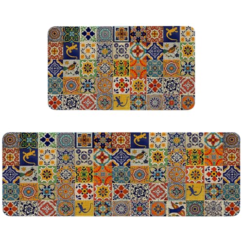 Mexican Talavera Kitchen Rugs Set of 2 Non Slip Washable Floor Mats - Mexican Tile Pattern