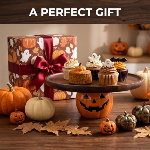 Halloween Pumpkin Cake Stand with Acacia Wood Tray and Ceramic Jack-o'-Lantern Base - Brown, 10.2 Inch