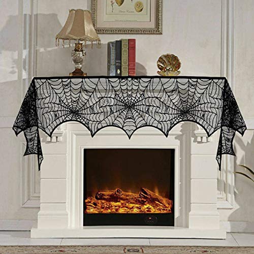 Black Lace Halloween Decorations Set - Spider Web Tablecloth & Mantel Scarf - 3 Pack