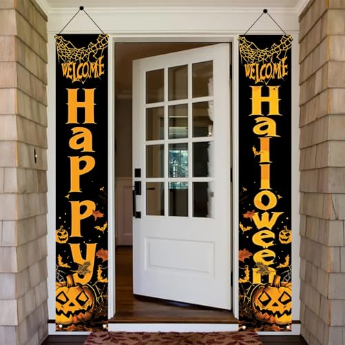 Halloween Porch Banner Set - Pumpkins and Bats Welcome Yard Decor, 2 Pack