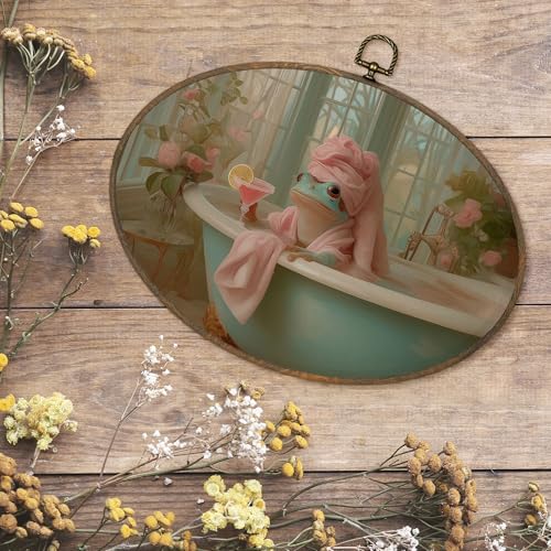 Whimsical Frog Bathroom Wall Art - Oval Canvas Decor, 8.6x11.4 Inches - Frog Variation