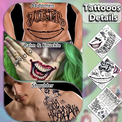 Joker Temporary Tattoos Set for Halloween Cosplay & Party Costumes