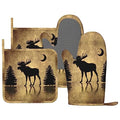Vintage Moose Rustic Oven Mitts and Pot Holders Set - Heat Resistant Silicone Kitchen Gloves - 4 Pieces