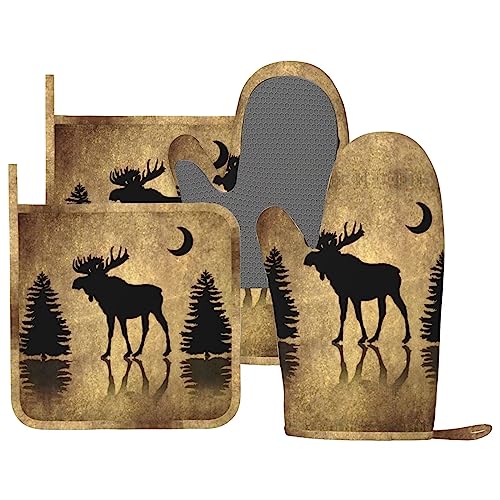 Vintage Moose Rustic Oven Mitts and Pot Holders Set - Heat Resistant Silicone Kitchen Gloves - 4 Pieces