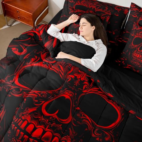 Red Black Gothic Queen Comforter Set with Sheets - 7 Piece Bedding