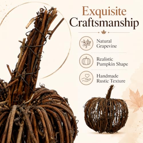 8 Inch Rattan Wicker Pumpkin Decor - Fall Halloween Seasonal Accent