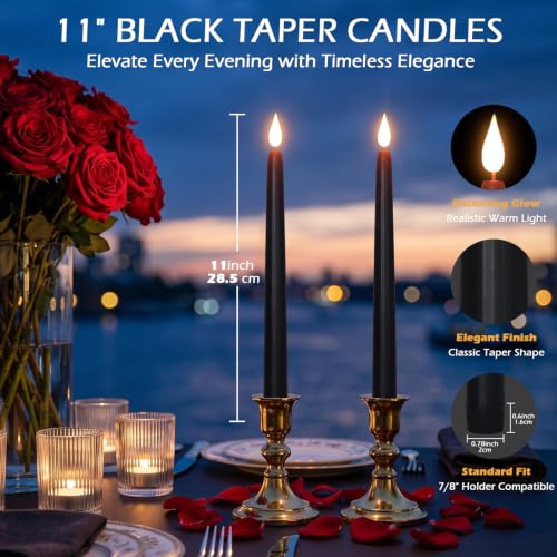 Black Flameless Taper Candles with Remote Timer - 11 Inch Gothic Decor Set of 12