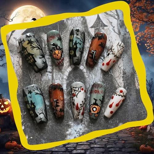 Halloween Character Art Press-On Nails Long Coffin S - Spooky Scene & Gothic Design