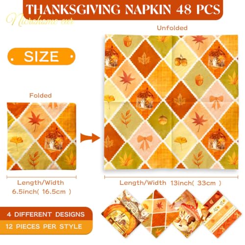Thanksgiving Paper Napkins - Squirrel Pumpkin Fall Leaves 48 Pack, 6.5" x 6.5"