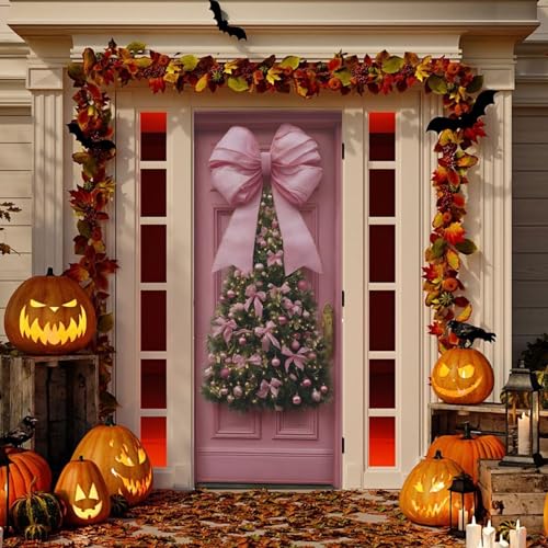 Pink Bow Christmas Door Cover - Stretch Fabric Holiday Porch Decor 35x79 in (Variation of THIS listing)