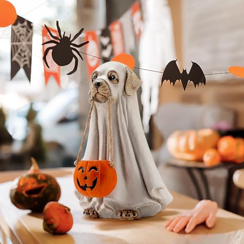 Halloween Ghost Dog Decoration - Cute Dog Holding Pumpkin Statue for Festive Decor - Variation of Dog