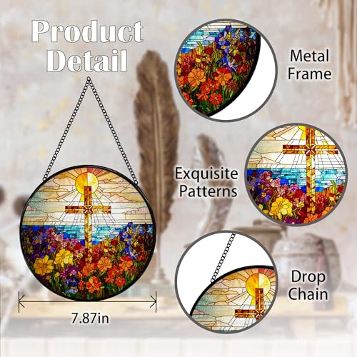Cross Flower Suncatcher Stained Glass Window Hanging - Religious Wall Art Decor, 7.9 Inch, Color02