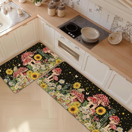 Farmhouse Mushroom Kitchen Rugs and Mats Set of 2 - Rectangular Variation 01
