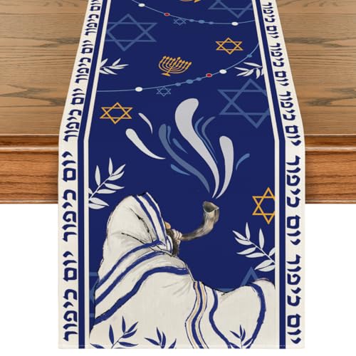 Yom Kippur Table Runner 13x72 Inch Leaves Hexagram Home Decor Multicolor