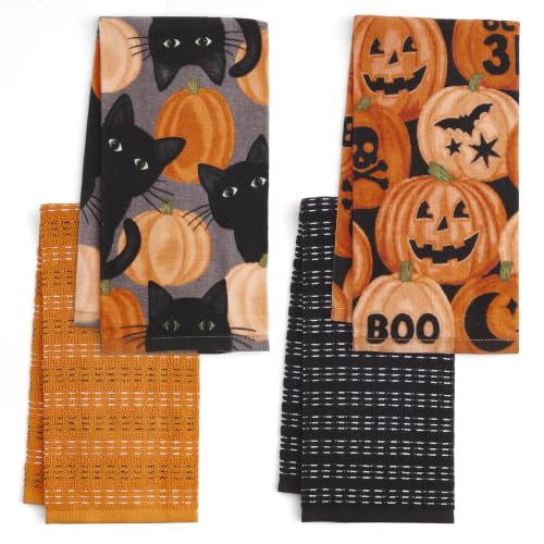 Carved Pumpkin Patch & Cat Peepers Halloween Kitchen Towel Set - 4 Pack