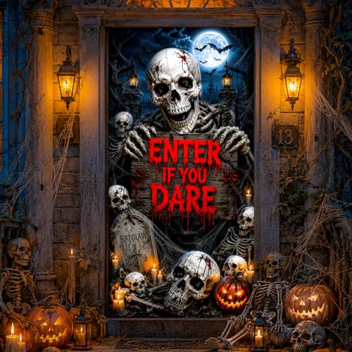 Halloween Door Cover Decorations - Graveyard Skeleton Spooky Night - Large 79 x 35 Inches