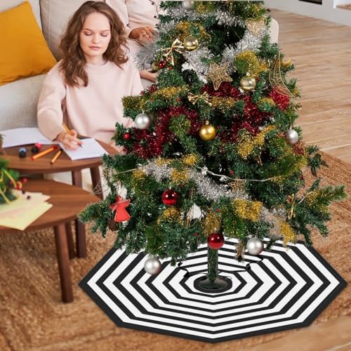 Large Halloween & Christmas Spider Web Tree Skirt 36 Inch Octagonal Black White
