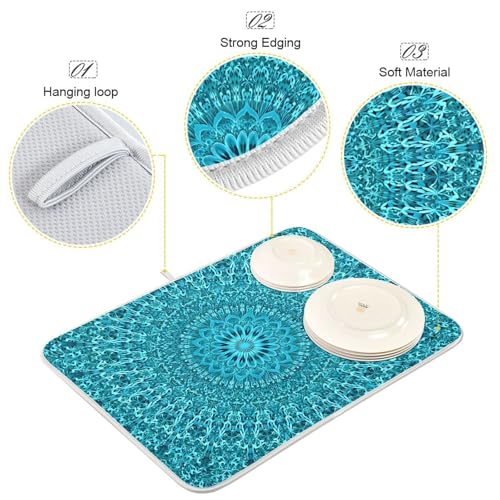 Super Absorbent Microfiber Dish Drying Mat - 24x18 Inches, Turquoise Mandala - Fast Drying Kitchen Pad with Hanging Loop