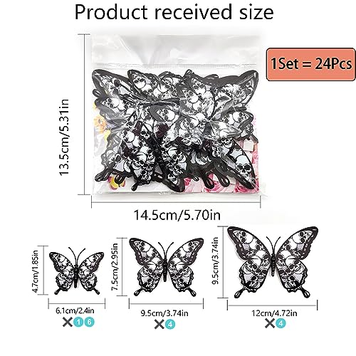 Halloween Butterfly Wall Sticker with Skull Design - Black 3D Decorations, 24 Pcs