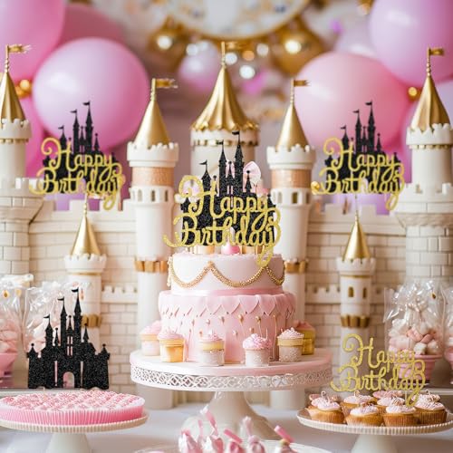 Black Castle Cake Topper Glitter Spooky Bat Birthday Party Decorations - Variation: Black Castle