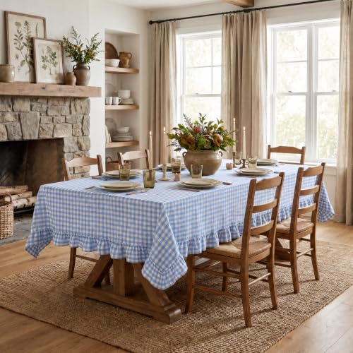 Horaldaily Blue Gingham Ruffled Table Cloth - 60x140 Inch Rectangular Home Decor