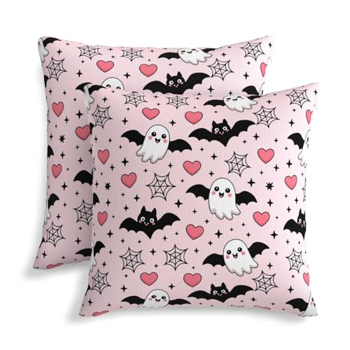 Halloween Decor Pillow Covers Set of 2 20x20 Inch Ghost Bats Heart Rustic Boho Outdoor Throw Cushions