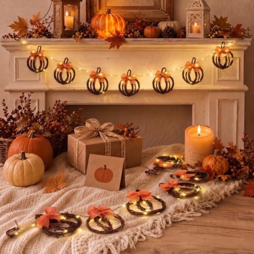 Fall Pumpkin Garland with Rattan Bows - 5 ft Farmhouse Decor, Pumpkin Variation