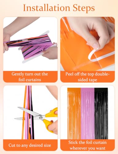 Halloween Tinsel Fringe Curtain Backdrop Decorations - Orange, Purple & Black, Reusable Party Decor