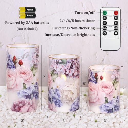 Hydrangea Rose Flameless Candles with Remote & Timer - Real Wax Glass Set of 3