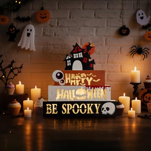 Halloween Indoor 9.4" 4-Tier Wooden Block Set with Glowing 3D Letters & Witch's House Topper — Spooky Decor